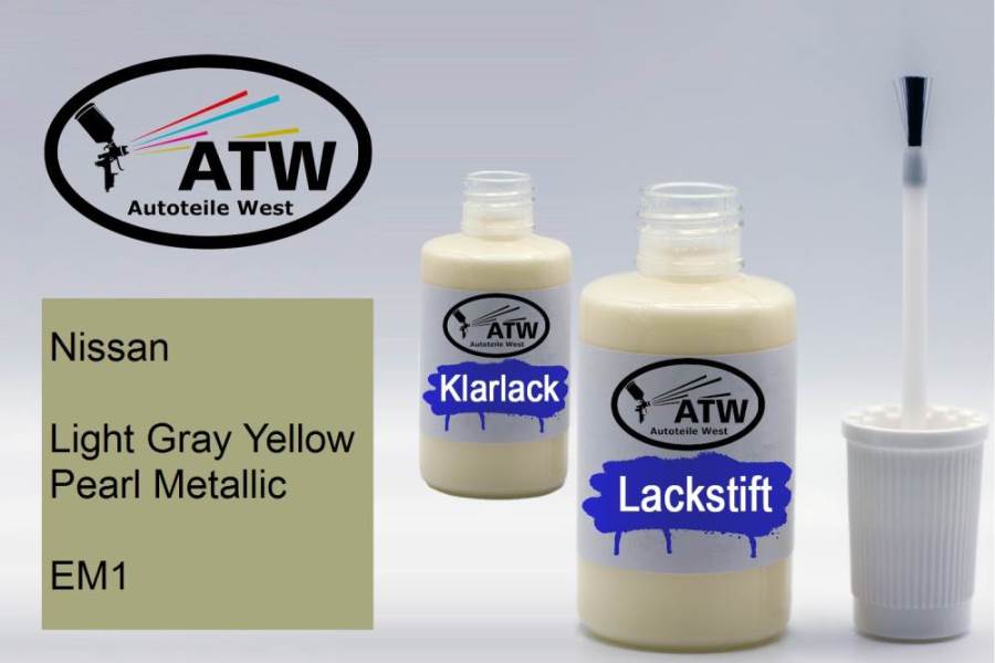 Nissan, Light Gray Yellow Pearl Metallic, EM1: 20ml Lackstift + 20ml Klarlack - Set, von ATW Autoteile West.